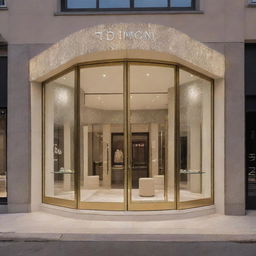 Diamond store named Tobi, showcasing a grand exterior with luxurious architecture, lined with glittering diamond jewelry in display windows under warm, inviting light.