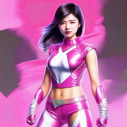 This digital art showcases an 18-year-old Japanese woman in a Pink Power Ranger outfit