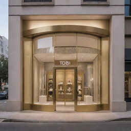 Diamond store named Tobi, showcasing a grand exterior with luxurious architecture, lined with glittering diamond jewelry in display windows under warm, inviting light.