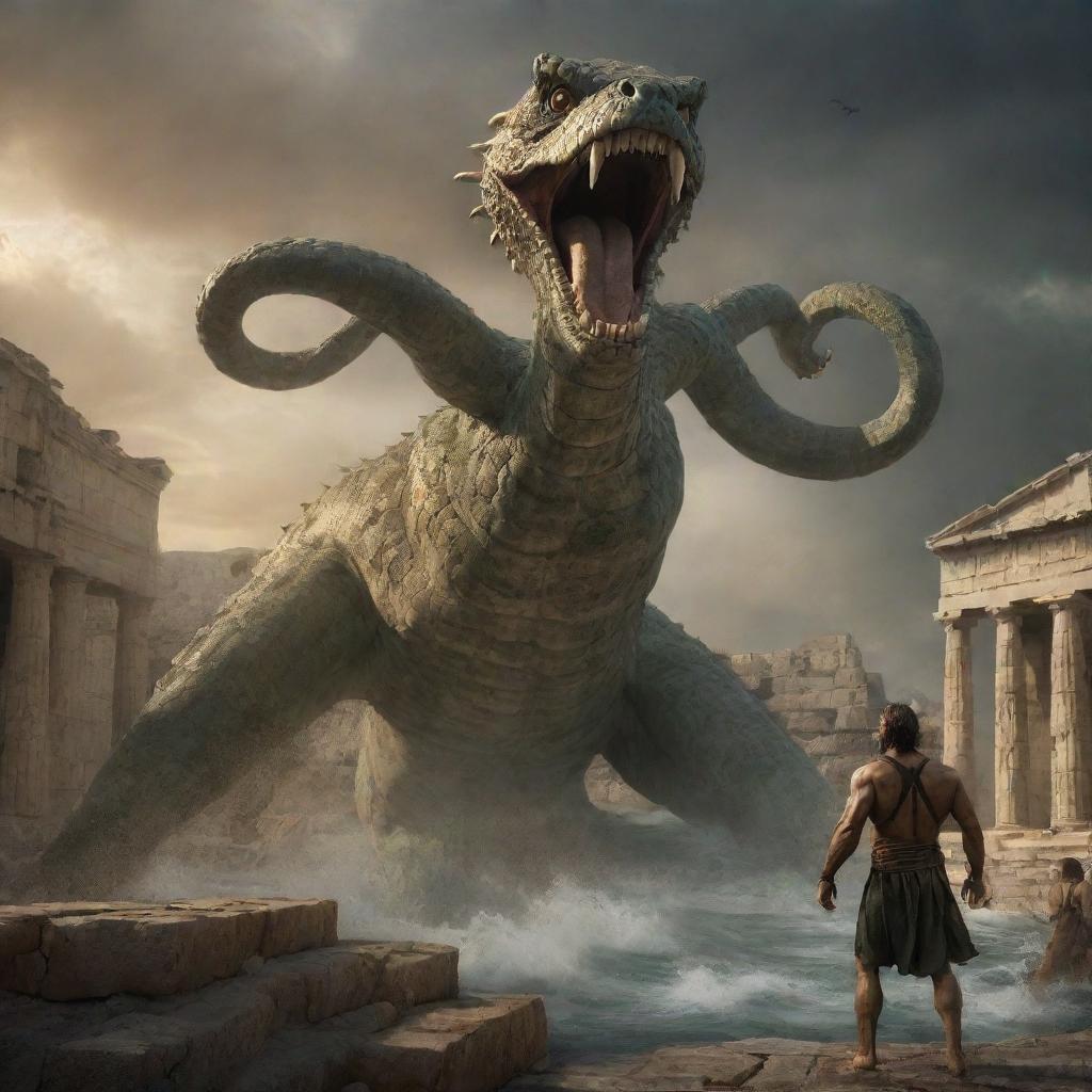 An epic depiction from Greek mythology showing a courageous hero confronting the fearsome Hydra. The scene unravels against the backdrop of ancient Greek ruins.