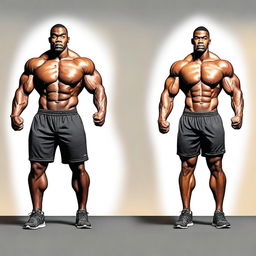 A digital art piece showcasing a fitness trainer, initially in peak physical condition, then transitioning to a less fit state