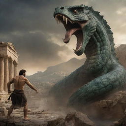 An epic depiction from Greek mythology showing a courageous hero confronting the fearsome Hydra. The scene unravels against the backdrop of ancient Greek ruins.