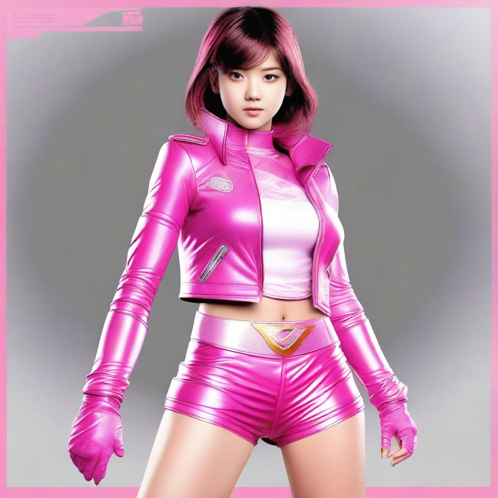 An image of an attractive 18-year-old Japanese woman, donned in a Power Ranger Pink outfit