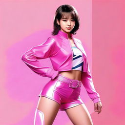 An image of an attractive 18-year-old Japanese woman, donned in a Power Ranger Pink outfit