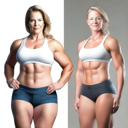 A high-resolution digital art piece showcasing a fit, attractive white woman dressed in fitness attire