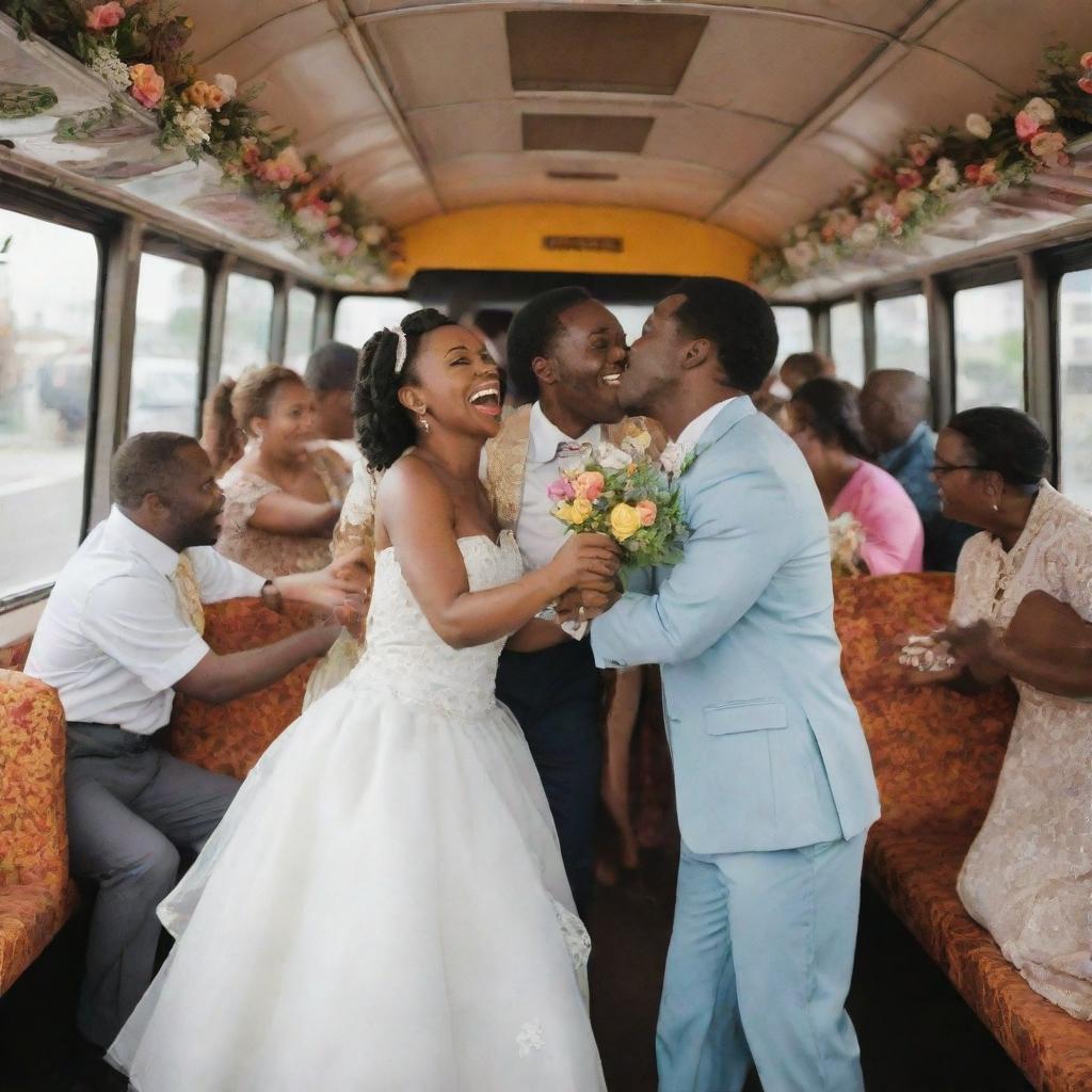 An exuberant African-themed wedding taking place on a festively decorated city bus, filled with elegantly set tables and lush floral arrangements. Vibrantly-dressed maids dance joyfully as the groom and bride kiss tenderly. The bus is packed with celebrating guests caught mid-cheer.