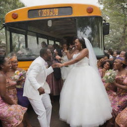 An exuberant African-themed wedding taking place on a festively decorated city bus, filled with elegantly set tables and lush floral arrangements. Vibrantly-dressed maids dance joyfully as the groom and bride kiss tenderly. The bus is packed with celebrating guests caught mid-cheer.