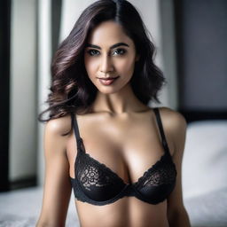 An image of an alluring woman dressed in elegant black lingerie