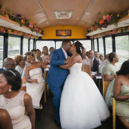 An exuberant African-themed wedding taking place on a festively decorated city bus, filled with elegantly set tables and lush floral arrangements. Vibrantly-dressed maids dance joyfully as the groom and bride kiss tenderly. The bus is packed with celebrating guests caught mid-cheer.