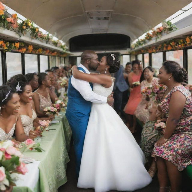 An exuberant African-themed wedding taking place on a festively decorated city bus, filled with elegantly set tables and lush floral arrangements. Vibrantly-dressed maids dance joyfully as the groom and bride kiss tenderly. The bus is packed with celebrating guests caught mid-cheer.