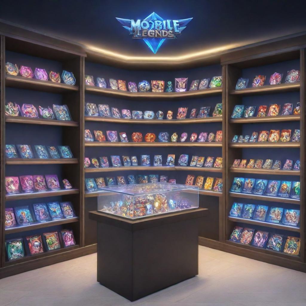 A bustling virtual diamond store for Mobile Legends styled on the character Tobi, with diverse shelves adorned with luminous diamonds, digital game paraphernalia, and clever references to the game