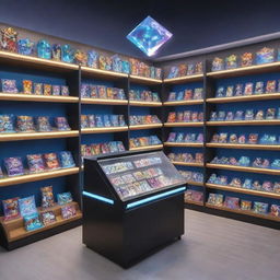 A bustling virtual diamond store for Mobile Legends styled on the character Tobi, with diverse shelves adorned with luminous diamonds, digital game paraphernalia, and clever references to the game