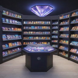 A bustling virtual diamond store for Mobile Legends styled on the character Tobi, with diverse shelves adorned with luminous diamonds, digital game paraphernalia, and clever references to the game