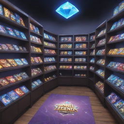 A bustling virtual diamond store for Mobile Legends styled on the character Tobi, with diverse shelves adorned with luminous diamonds, digital game paraphernalia, and clever references to the game