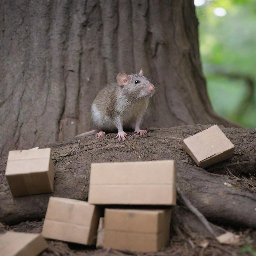 A small rat perched calmly next to the gnarly roots of a towering tree, surrounded by discarded cartons.