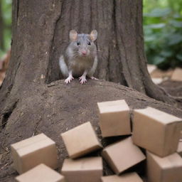 A small rat perched calmly next to the gnarly roots of a towering tree, surrounded by discarded cartons.