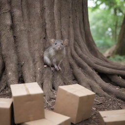 A small rat perched calmly next to the gnarly roots of a towering tree, surrounded by discarded cartons.