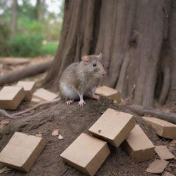 A small rat perched calmly next to the gnarly roots of a towering tree, surrounded by discarded cartons.