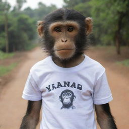 A monkey wearing a t-shirt with 'NANDA OKTAVIA' written on it.