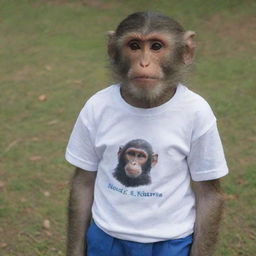 A monkey wearing a t-shirt with 'NANDA OKTAVIA' written on it.