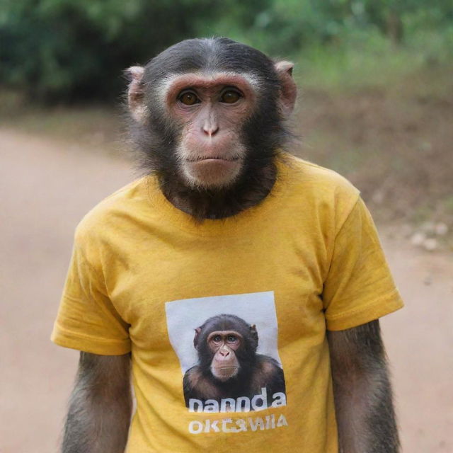 A monkey wearing a t-shirt with 'NANDA OKTAVIA' written on it.