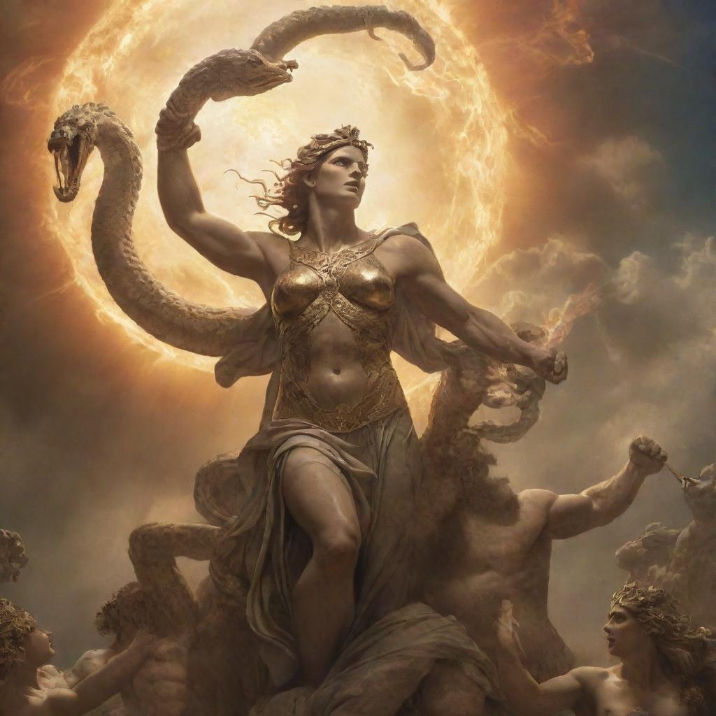 An epic scene from Greek mythology showing a hero vanquishing the Hydra. The goddess Athena graces the sky and Zeus radiates from behind the sun, adding an otherworldly atmosphere to the scene.