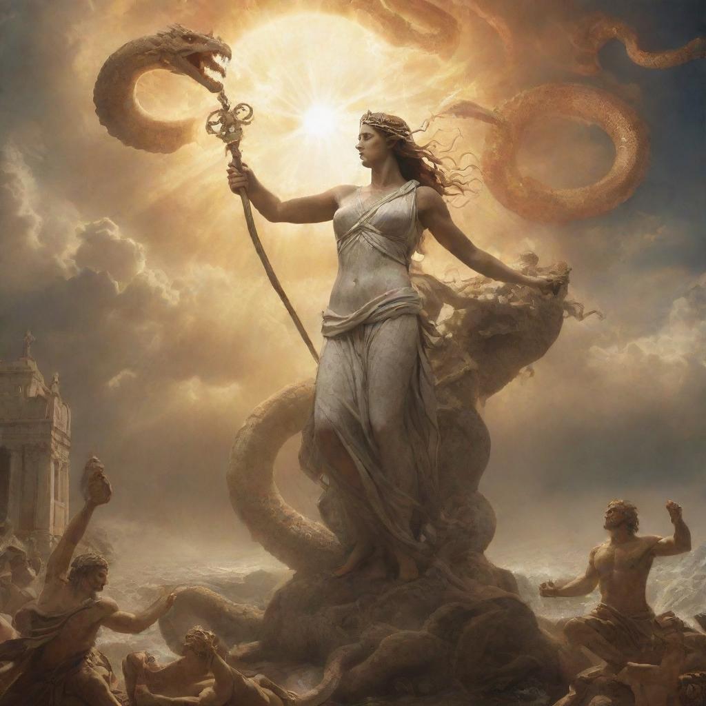 An epic scene from Greek mythology showing a hero vanquishing the Hydra. The goddess Athena graces the sky and Zeus radiates from behind the sun, adding an otherworldly atmosphere to the scene.