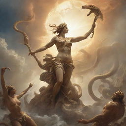 An epic scene from Greek mythology showing a hero vanquishing the Hydra. The goddess Athena graces the sky and Zeus radiates from behind the sun, adding an otherworldly atmosphere to the scene.