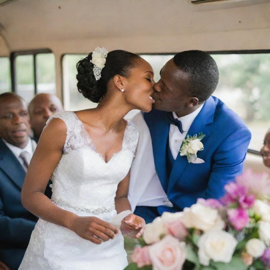 A joyous Tanzanian wedding happening on a festively decorated city bus with the Tanzanian plate number. Displaying a passionate kiss between the groom and bride, excited guests, dancing maids, elegantly set tables, and vibrant floral arrangements.