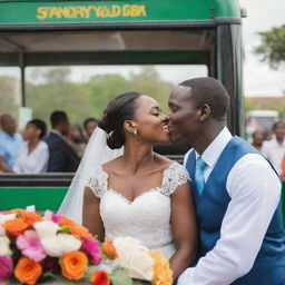 A joyous Tanzanian wedding happening on a festively decorated city bus with the Tanzanian plate number. Displaying a passionate kiss between the groom and bride, excited guests, dancing maids, elegantly set tables, and vibrant floral arrangements.