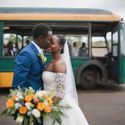 A joyous Tanzanian wedding happening on a festively decorated city bus with the Tanzanian plate number. Displaying a passionate kiss between the groom and bride, excited guests, dancing maids, elegantly set tables, and vibrant floral arrangements.