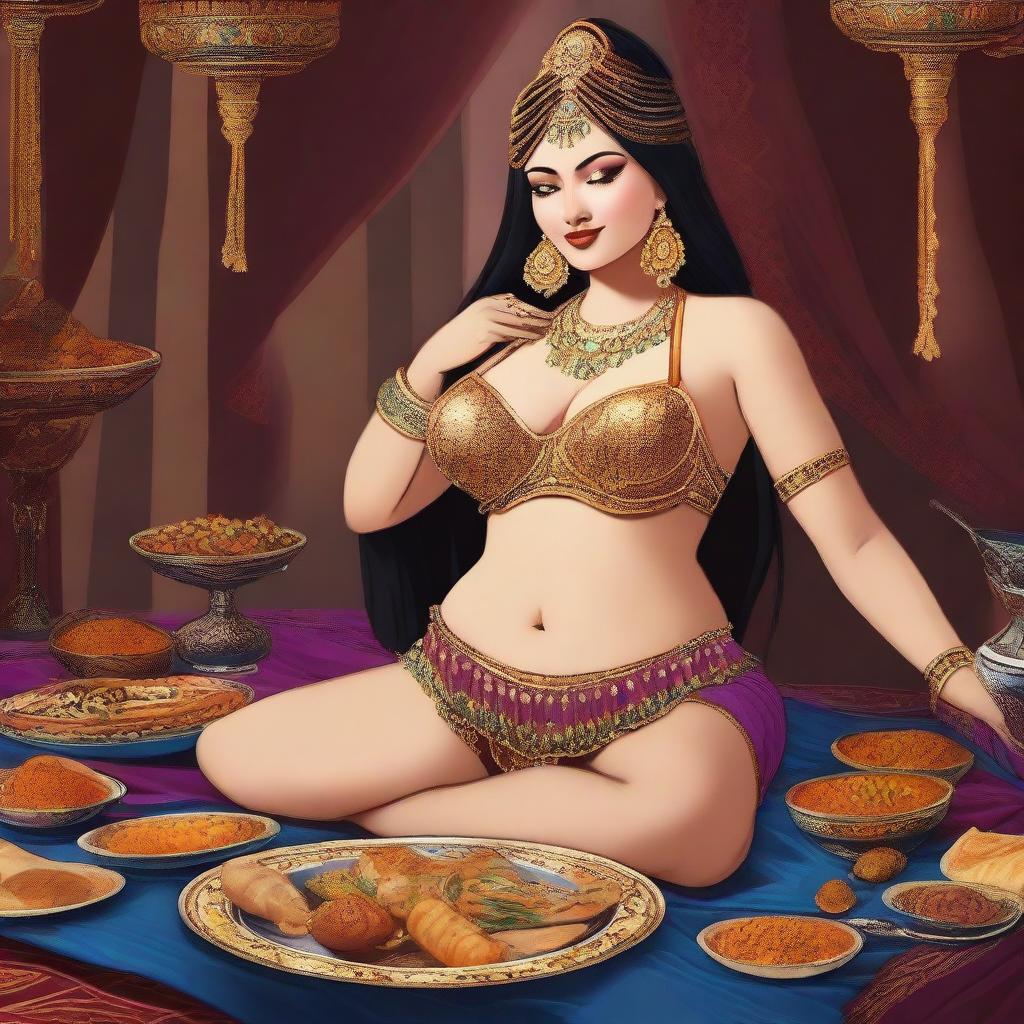 A digital artwork showcasing a woman, adorned in a traditional belly dancer attire, enjoying a lavish feast