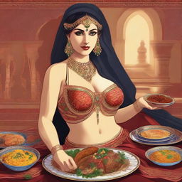 A digital artwork showcasing a woman, adorned in a traditional belly dancer attire, enjoying a lavish feast