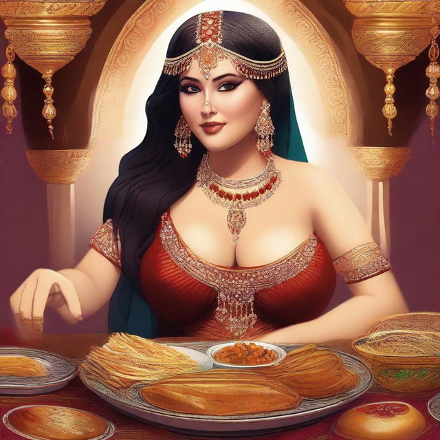 A digital artwork showcasing a woman, adorned in a traditional belly dancer attire, enjoying a lavish feast