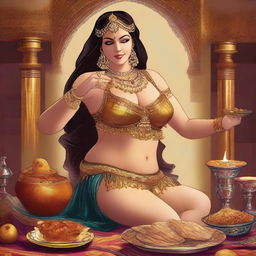 A digital artwork showcasing a woman, adorned in a traditional belly dancer attire, enjoying a lavish feast