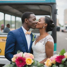 A joyous Tanzanian wedding happening on a festively decorated city bus with the Tanzanian plate number. Displaying a passionate kiss between the groom and bride, excited guests, dancing maids, elegantly set tables, and vibrant floral arrangements.