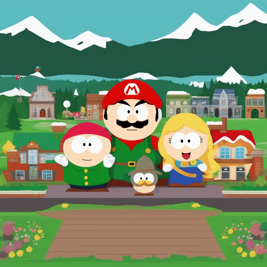 A digital art piece that blends the worlds of Super Mario and South Park