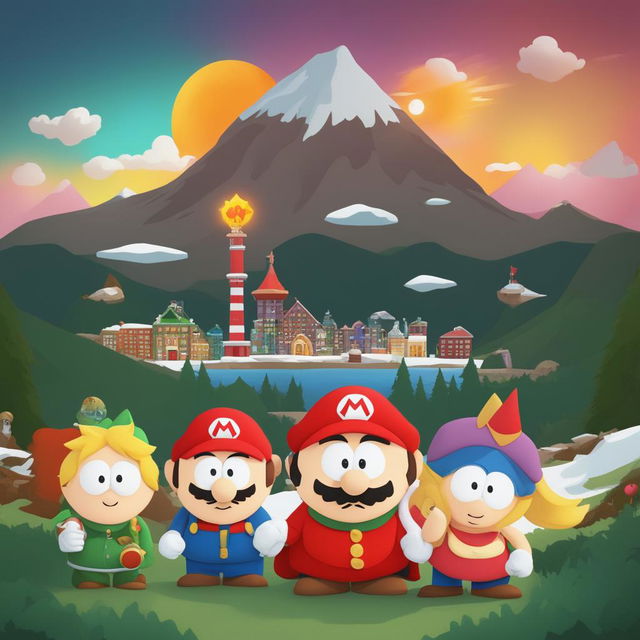 A digital art piece that blends the worlds of Super Mario and South Park