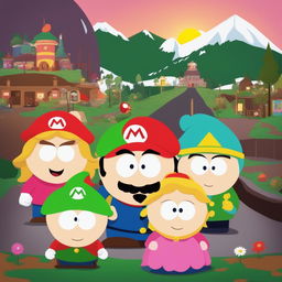 A digital art piece that blends the worlds of Super Mario and South Park