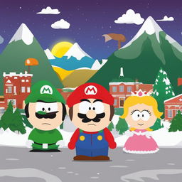 A digital art piece that blends the worlds of Super Mario and South Park