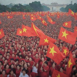 A poignant image symbolizing Vietnamese victory, maybe a crowd of joyful people waving the Vietnamese flag, cheering and celebrating against the backdrop of iconic Vietnamese landmarks.