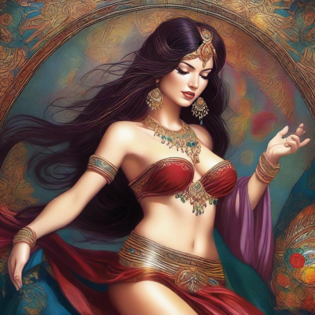 A high-quality digital art image capturing a sultry white woman with flowing hair, dressed in an intricate belly dancer outfit