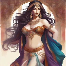 A high-quality digital art image capturing a sultry white woman with flowing hair, dressed in an intricate belly dancer outfit