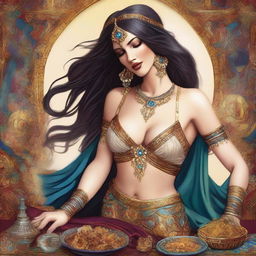 A high-quality digital art image capturing a sultry white woman with flowing hair, dressed in an intricate belly dancer outfit