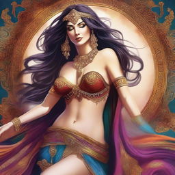 A high-quality digital art image capturing a sultry white woman with flowing hair, dressed in an intricate belly dancer outfit