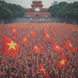 A poignant image symbolizing Vietnamese victory, maybe a crowd of joyful people waving the Vietnamese flag, cheering and celebrating against the backdrop of iconic Vietnamese landmarks.