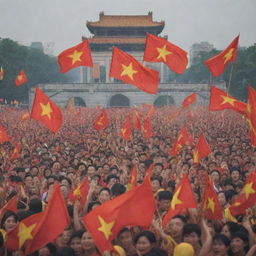 A poignant image symbolizing Vietnamese victory, maybe a crowd of joyful people waving the Vietnamese flag, cheering and celebrating against the backdrop of iconic Vietnamese landmarks.