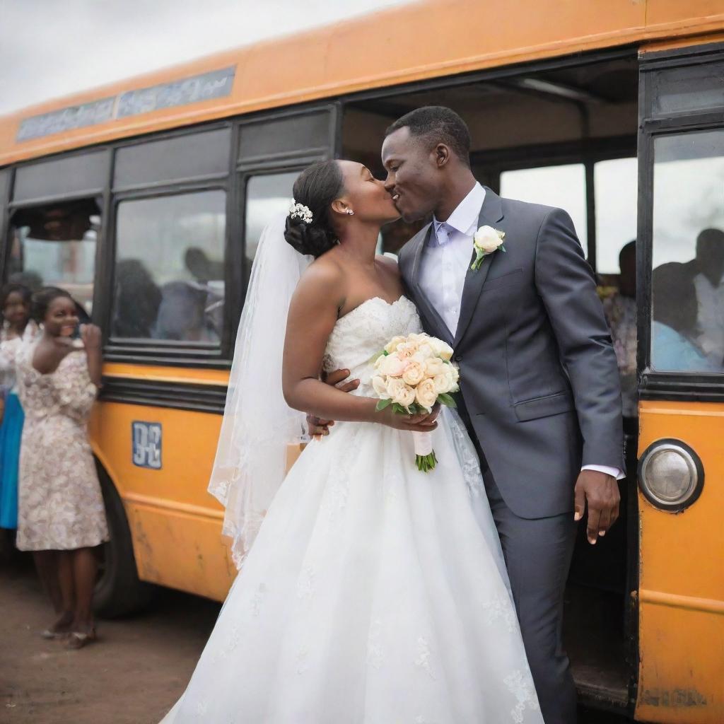 A jubilant Tanzanian wedding occurring on a festively decorated city bus. The scene includes young bride and groom sharing a passionate kiss, elegantly arranged tables, vibrant floral decorations, lively dancing maids, and a bus filled with cheering young couples.