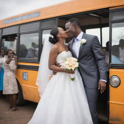 A jubilant Tanzanian wedding occurring on a festively decorated city bus. The scene includes young bride and groom sharing a passionate kiss, elegantly arranged tables, vibrant floral decorations, lively dancing maids, and a bus filled with cheering young couples.