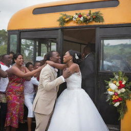 A jubilant Tanzanian wedding occurring on a festively decorated city bus. The scene includes young bride and groom sharing a passionate kiss, elegantly arranged tables, vibrant floral decorations, lively dancing maids, and a bus filled with cheering young couples.